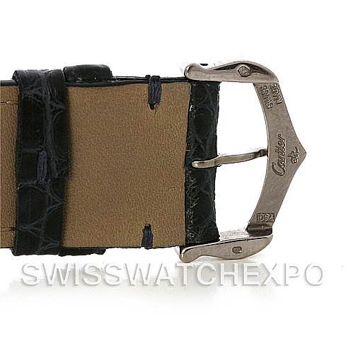 This image shows a close-up of the clasp and part of the leather strap of a Cartier Tank Louis W1540956 White Gold White Dial W1540956 White Gold White Dial watch.