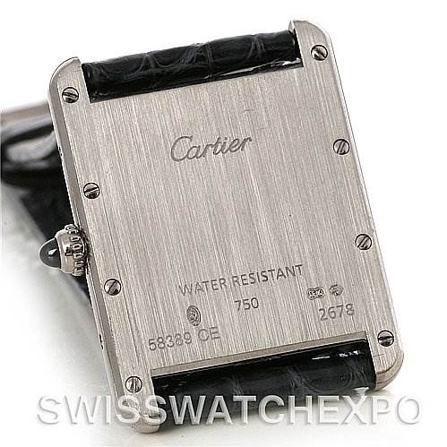 This image shows the back case of the Cartier Tank Louis W1540956 White Gold White Dial W1540956 White Gold White Dial watch, featuring the brand's engravings and a part of the strap.