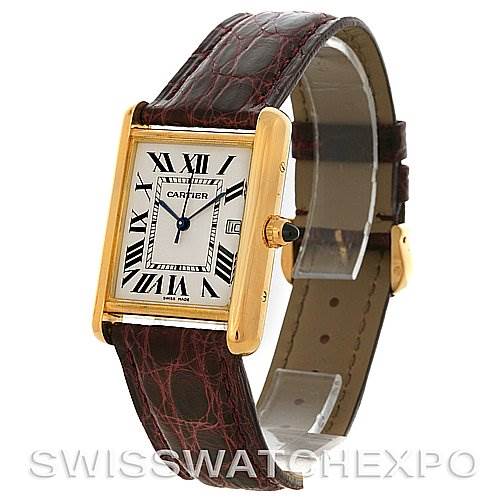 The image shows a Cartier Tank Louis W1529756 Men
s Yellow Gold Silver Dial W1529756 Men
s Yellow Gold Silver Dial watch with a gold rectangular case, Roman numerals, and a brown leather strap, viewed from a slight angle.