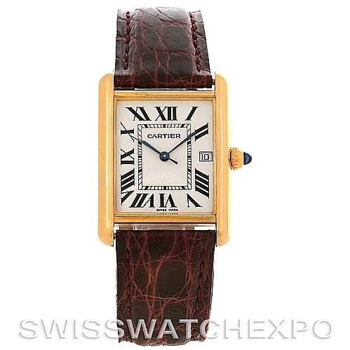 The image shows a front view of a Cartier Tank Louis W1529756 Men
s Yellow Gold Silver Dial W1529756 Men
s Yellow Gold Silver Dial watch, displaying its dial, hands, case, and leather strap.