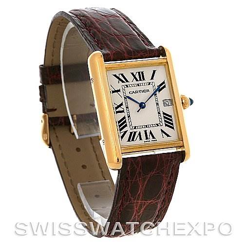 The image shows a Cartier Tank Louis W1529756 Men
s Yellow Gold Silver Dial W1529756 Men
s Yellow Gold Silver Dial model watch at a three-quarter angle, displaying the face, strap, and clasp.