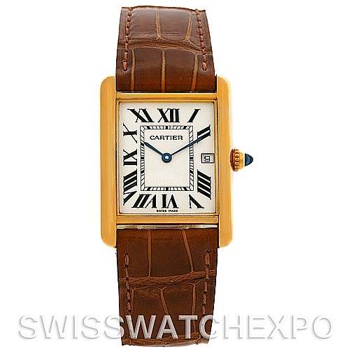This image shows a front view of a Cartier Tank Louis W1529756 Men
s Yellow Gold Silver Dial W1529756 Men
s Yellow Gold Silver Dial watch, highlighting its rectangular dial and brown leather strap.