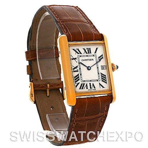 The image shows a Cartier Tank Louis W1529756 Men
s Yellow Gold Silver Dial W1529756 Men
s Yellow Gold Silver Dial watch from a three-quarter angle, highlighting the face, band, and buckle.