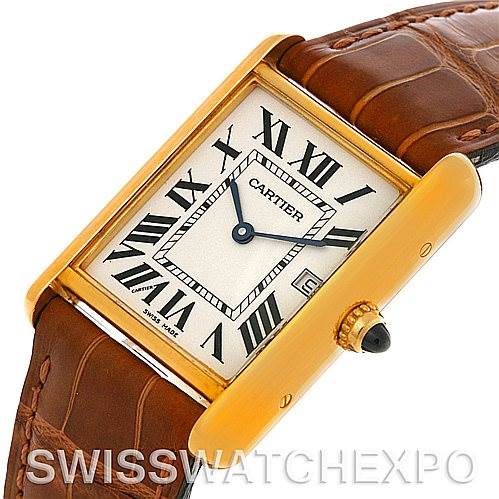 The image shows a Cartier Tank Louis W1529756 Men
s Yellow Gold Silver Dial W1529756 Men
s Yellow Gold Silver Dial watch angled from the top-left, featuring its dial, crown, and leather strap.