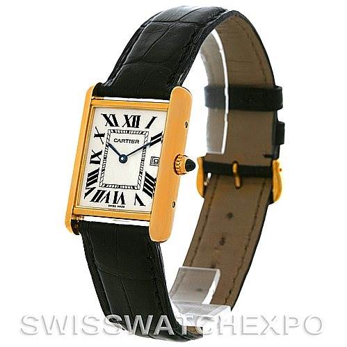 The image shows a side angle of the Cartier Tank Louis W1529756 Men
s Yellow Gold Silver Dial W1529756 Men
s Yellow Gold Silver Dial watch, highlighting the face, strap, and clasp.