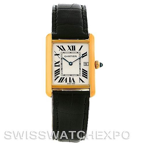 This image shows a front view of a Cartier Tank Louis W1529756 Men
s Yellow Gold Silver Dial W1529756 Men
s Yellow Gold Silver Dial watch, featuring its rectangular dial, Roman numerals, and black leather strap.
