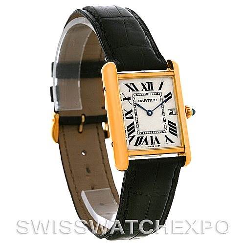 This image shows a Cartier Tank Louis W1529756 Men
s Yellow Gold Silver Dial W1529756 Men
s Yellow Gold Silver Dial model watch from a front angle, highlighting its rectangular face, gold case, and black leather strap.