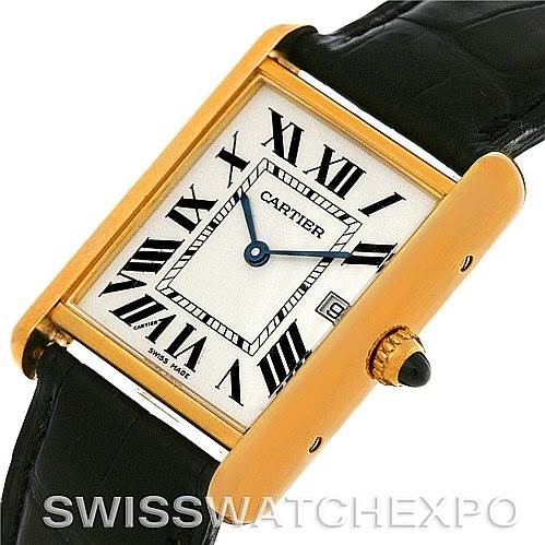 The image shows a Cartier Tank Louis W1529756 Men
s Yellow Gold Silver Dial W1529756 Men
s Yellow Gold Silver Dial watch at a front angle, highlighting the gold case, Roman numeral dial, and black leather strap.