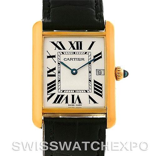 The image shows a front view of the Cartier Tank Louis W1529756 Men
s Yellow Gold Silver Dial W1529756 Men
s Yellow Gold Silver Dial watch, highlighting the rectangular case, Roman numeral dial, and black leather strap.
