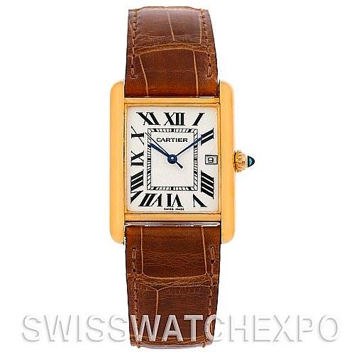 This image shows a front view of the Cartier Tank Louis W1529756 Men
s Yellow Gold Silver Dial W1529756 Men
s Yellow Gold Silver Dial model, displaying the face, bezel, and leather strap.