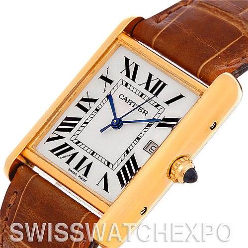 This image shows a Cartier Tank Louis W1529756 Men
s Yellow Gold Silver Dial W1529756 Men
s Yellow Gold Silver Dial watch from a top-front angle, highlighting its rectangular gold case, brown leather strap, and Roman numeral dial.