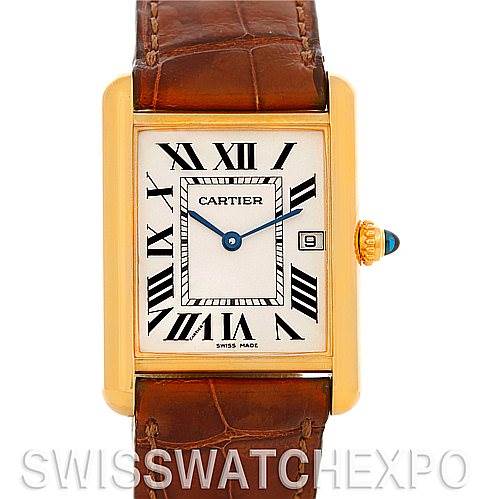 The image shows a front view of the Cartier Tank Louis W1529756 Men
s Yellow Gold Silver Dial W1529756 Men
s Yellow Gold Silver Dial watch, detailing its face, leather strap, and crown.
