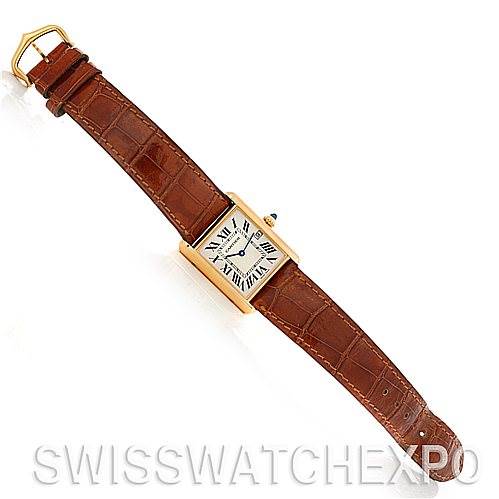 The image shows a top-down view of a Cartier Tank Louis W1529756 Men
s Yellow Gold Silver Dial W1529756 Men
s Yellow Gold Silver Dial watch, displaying its rectangular face and brown leather strap.