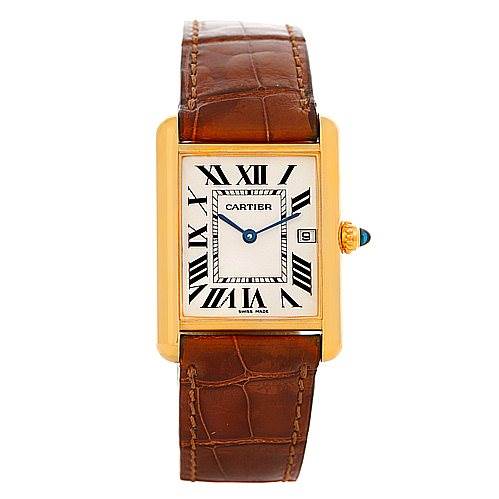 This image shows a front view of the Cartier Tank Louis W1529756 Men
s Yellow Gold Silver Dial W1529756 Men
s Yellow Gold Silver Dial model watch, displaying its face, Roman numerals, hands, crown, and brown leather strap.