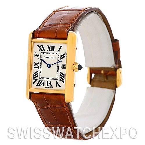 The image shows a Cartier Tank Louis W1529756 Men
s Yellow Gold Silver Dial W1529756 Men
s Yellow Gold Silver Dial watch from a side angle, focusing on its rectangular dial, leather strap, and crown.