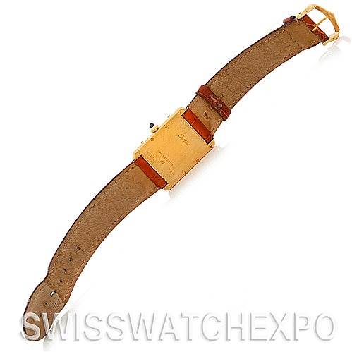 The image shows the back view of a Cartier Tank Louis W1529756 Men
s Yellow Gold Silver Dial W1529756 Men
s Yellow Gold Silver Dial watch with its leather strap fully extended.