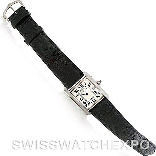 The Cartier Tank Louis W1540956 Men's White Gold White Dial W1540956 Men's White Gold White Dial watch is shown at an overhead angle, displaying its rectangular face and black leather strap.