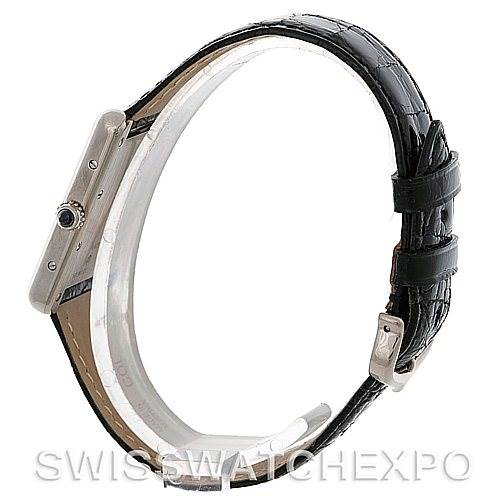 This image shows a side profile of the Tank Louis model by Cartier, highlighting the case, crown, and leather strap.