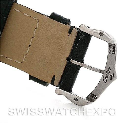 This image shows a close-up of the clasp and strap of a Cartier Tank Louis W1540956 Men's White Gold White Dial W1540956 Men's White Gold White Dial watch.