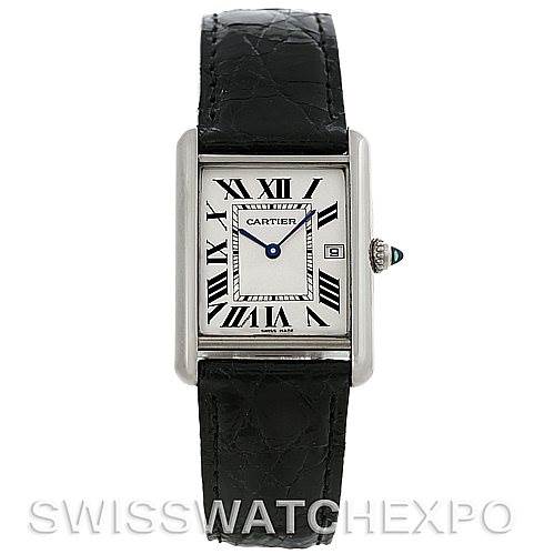 This image shows a front view of a Cartier Tank Louis W1540956 Men's White Gold White Dial W1540956 Men's White Gold White Dial watch, featuring its rectangular dial, Roman numerals, and black leather strap.
