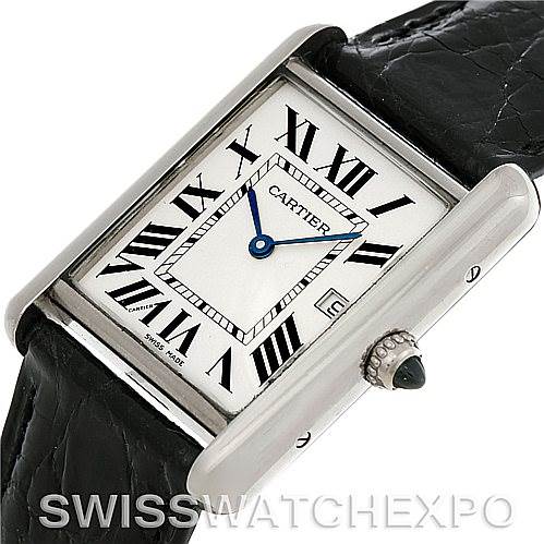 This close-up image shows the face, crown, and black strap of the Cartier Tank Louis W1540956 Men's White Gold White Dial W1540956 Men's White Gold White Dial watch model.