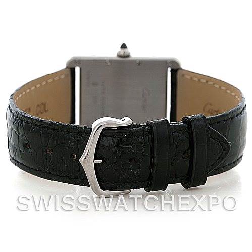 The image shows the back view of a Cartier Tank Louis W1540956 Men's White Gold White Dial W1540956 Men's White Gold White Dial watch, highlighting its black leather strap and silver buckle.