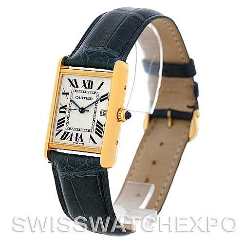The image shows a Cartier Tank Louis W1529756 Men
s Yellow Gold Silver Dial W1529756 Men
s Yellow Gold Silver Dial watch from a front angle, highlighting the face, strap, and buckle.