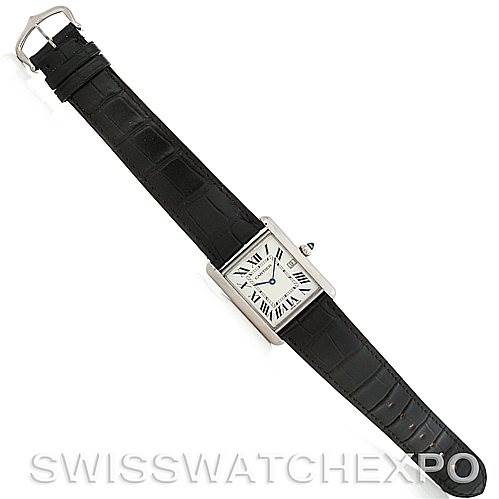 The image shows a top-down view of the Cartier Tank Louis W1540956 Men's White Gold White Dial W1540956 Men's White Gold White Dial model watch and its full black leather strap.