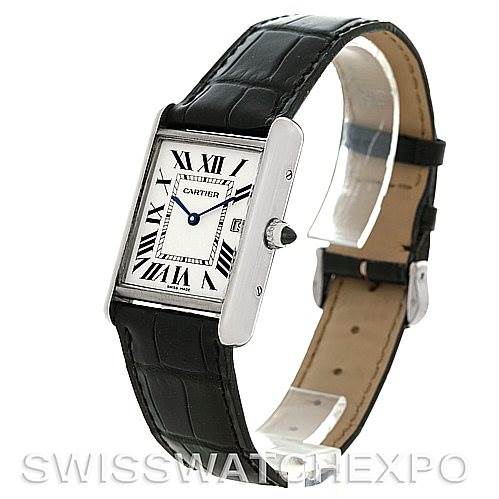 The image shows a side view of the Cartier Tank Louis W1540956 Men's White Gold White Dial W1540956 Men's White Gold White Dial watch, highlighting its face, strap, and crown.