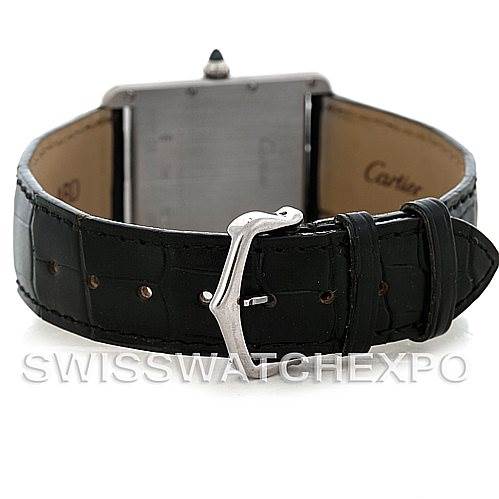 The image shows the back view of a Cartier Tank Louis W1540956 Men's White Gold White Dial W1540956 Men's White Gold White Dial watch, highlighting its black leather strap and stainless steel buckle.