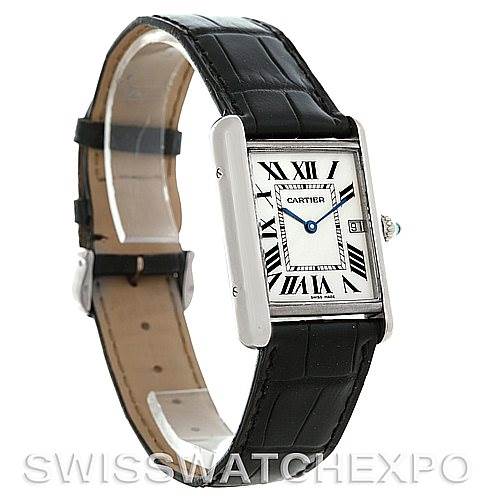 The image shows a Cartier Tank Louis W1540956 Men's White Gold White Dial W1540956 Men's White Gold White Dial watch at a three-quarter angle, highlighting the face, strap, and side profile.