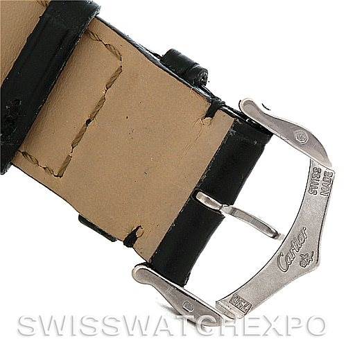 This image shows a close-up of the strap and buckle of a Cartier Tank Louis W1540956 Men's White Gold White Dial W1540956 Men's White Gold White Dial watch.
