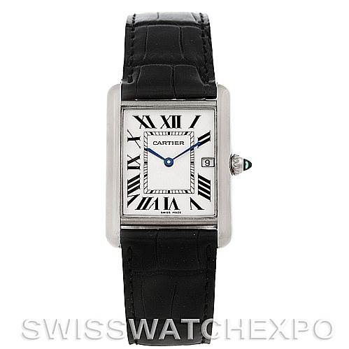 This image shows a frontal view of a Cartier Tank Louis W1540956 Men's White Gold White Dial W1540956 Men's White Gold White Dial watch, highlighting its rectangular face, black leather strap, and distinctive Roman numerals.