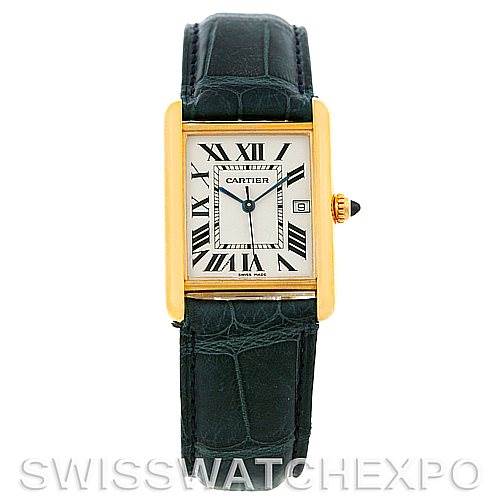 The image shows a front view of the Cartier Tank Louis W1529756 Men
s Yellow Gold Silver Dial W1529756 Men
s Yellow Gold Silver Dial watch with a leather strap and gold rectangular case.