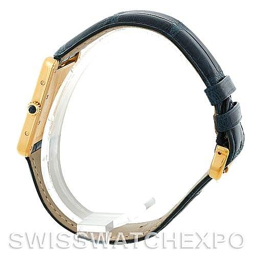 The image shows a side view of the Cartier Tank Louis W1529756 Men
s Yellow Gold Silver Dial W1529756 Men
s Yellow Gold Silver Dial watch, highlighting its gold case and black leather strap.