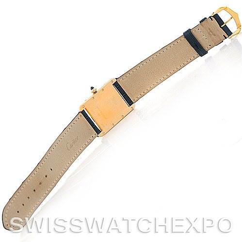 The image shows the back view of a Cartier Tank Louis W1529756 Men
s Yellow Gold Silver Dial W1529756 Men
s Yellow Gold Silver Dial watch, including the straps and buckle.