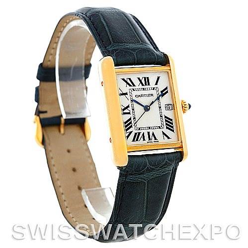 This is an angled view of a Cartier Tank Louis W1529756 Men
s Yellow Gold Silver Dial W1529756 Men
s Yellow Gold Silver Dial watch showing the face, case, strap, and crown detail.