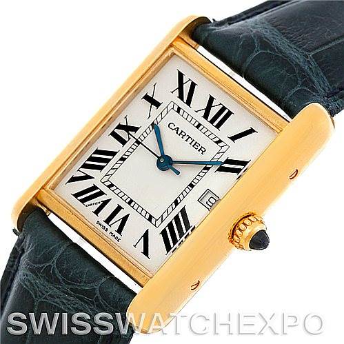 This image shows an angled view of a Cartier Tank Louis W1529756 Men
s Yellow Gold Silver Dial W1529756 Men
s Yellow Gold Silver Dial watch, highlighting its rectangular case, leather strap, and blue hands.