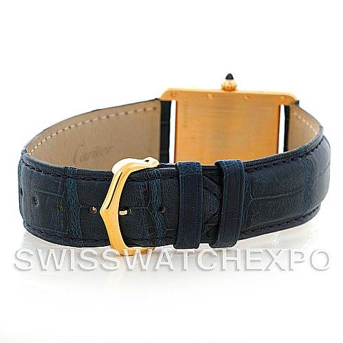 The image shows the back of the Cartier Tank Louis W1529756 Men
s Yellow Gold Silver Dial W1529756 Men
s Yellow Gold Silver Dial watch, highlighting the strap and clasp.