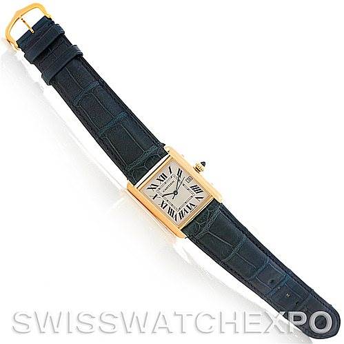 The image shows a Cartier Tank Louis W1529756 Men
s Yellow Gold Silver Dial W1529756 Men
s Yellow Gold Silver Dial watch from a top-down angle, displaying the face, case, and strap fully extended.