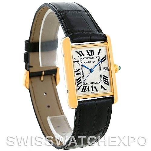 The image shows the Cartier Tank Louis W1529756 Men
s Yellow Gold Silver Dial W1529756 Men
s Yellow Gold Silver Dial watch from a front angle, highlighting the face, strap, and side crown.