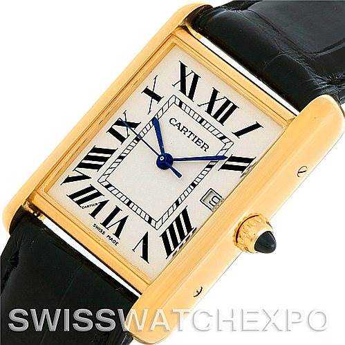 The image shows a Cartier Tank Louis W1529756 Men
s Yellow Gold Silver Dial W1529756 Men
s Yellow Gold Silver Dial watch from an angled top view, revealing the watch face, roman numerals, and crown with a blue sapphire.