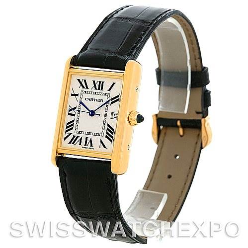 The image shows a Cartier Tank Louis W1529756 Men
s Yellow Gold Silver Dial W1529756 Men
s Yellow Gold Silver Dial model, angled to display its face, crown, black leather strap, and gold case.
