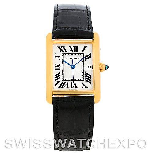 This image shows a front view of the Cartier Tank Louis W1529756 Men
s Yellow Gold Silver Dial W1529756 Men
s Yellow Gold Silver Dial watch, featuring its rectangular face, Roman numerals, and leather strap.