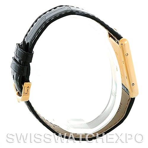 The image shows a side view of the Cartier Tank Louis W1529756 Men
s Yellow Gold Silver Dial W1529756 Men
s Yellow Gold Silver Dial watch, highlighting the leather strap and side of the rectangular case.