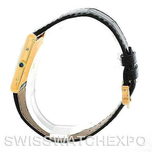 This image shows the Cartier Tank Louis W1529756 Men
s Yellow Gold Silver Dial W1529756 Men
s Yellow Gold Silver Dial watch from a side angle, highlighting the slim profile and black leather strap.