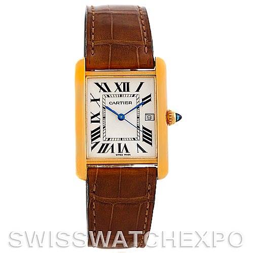 The image shows a front view of the Cartier Tank Louis W1529756 Men's Yellow Gold Silver Dial W1529756 Men's Yellow Gold Silver Dial watch, including the rectangular face, Roman numerals, and leather band.