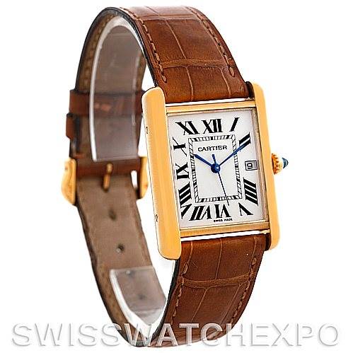 The image shows a Cartier Tank Louis W1529756 Men's Yellow Gold Silver Dial W1529756 Men's Yellow Gold Silver Dial model watch from a three-quarter angle highlighting the face, case, and brown leather strap.