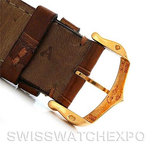 The image shows a close-up of the buckle and leather strap of a Cartier Tank Louis W1529756 Men's Yellow Gold Silver Dial W1529756 Men's Yellow Gold Silver Dial watch.