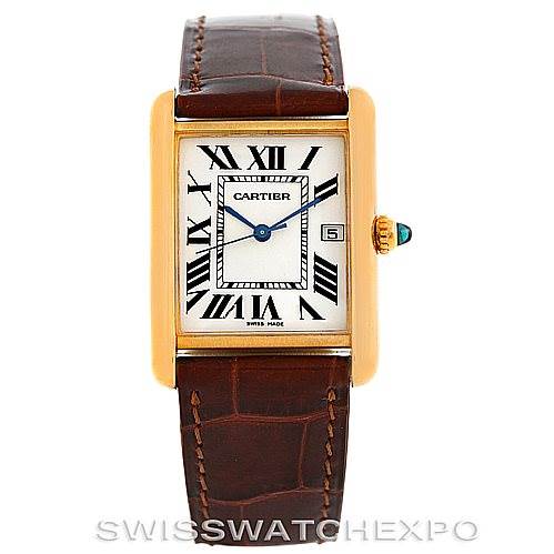 The image shows a front view of the Cartier Tank Louis W1529756 Men's Yellow Gold Silver Dial W1529756 Men's Yellow Gold Silver Dial watch, highlighting its rectangular dial, Roman numerals, leather strap, and crown.